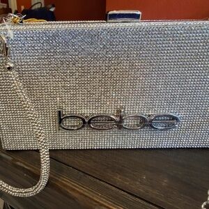 bebe Silver Crystal Rhinestone Mini Clutch Purse Evening Bag NWT
